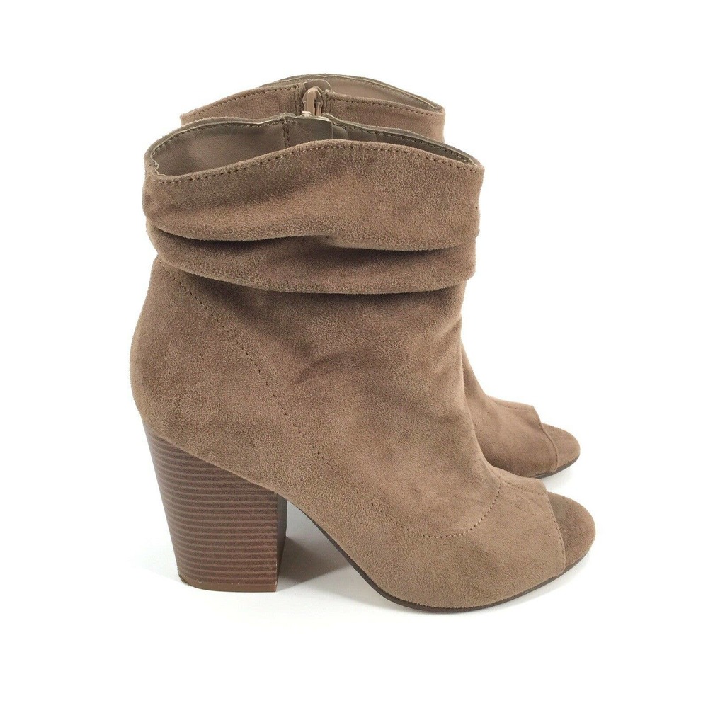 Indigo Rd Stacked Heel Peep Toe Slouch Ankle Boots Beige Low Boot